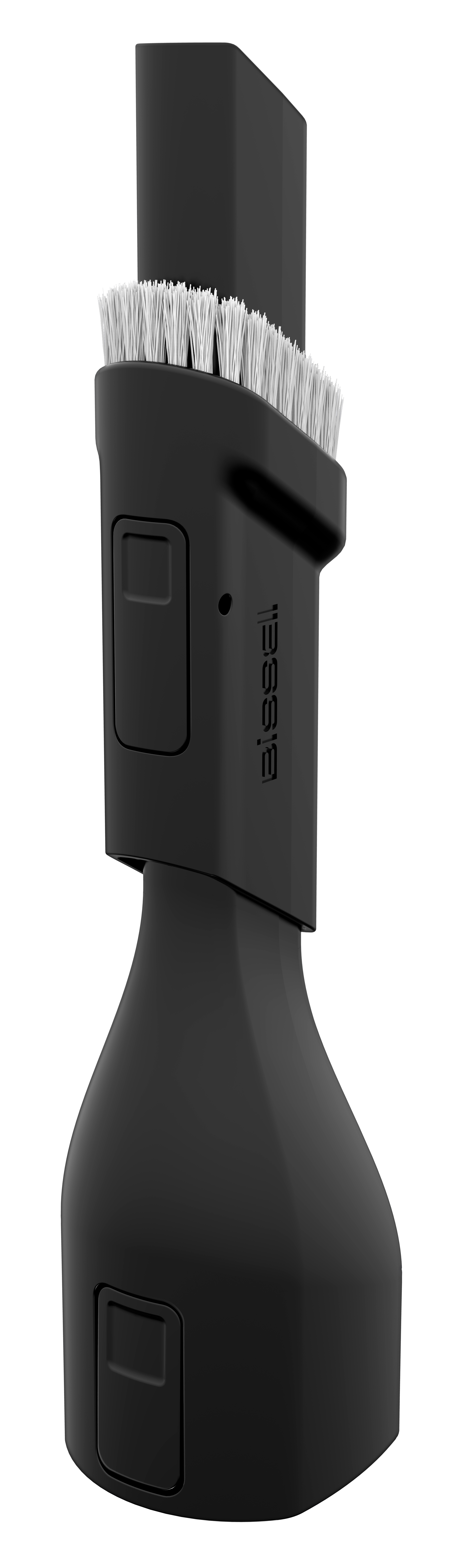 Czarny osprzęt do odkurzacza Bissell z białym włosiem. Ma dwa przyciski i logo Bissell.