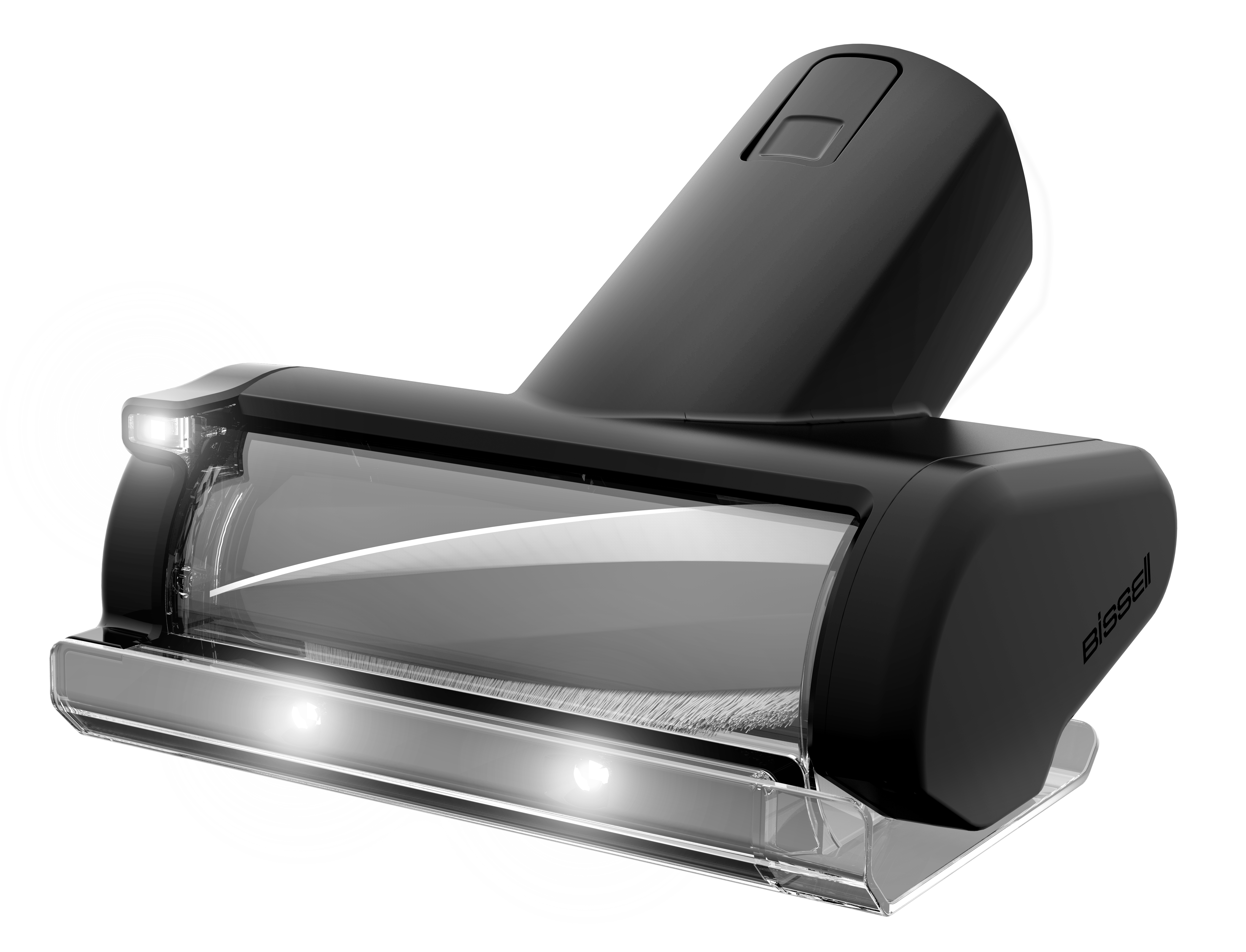 Czarna i przezroczysta głowica odkurzacza ze światłami, marki Bissell, na czarnym tle.