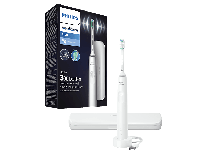 Cepillo eléctrico - Philips Sonicare 3100 HX3673/13, Tecnología sónica, sensor de presión, temporizadores intuitivos, Blanco