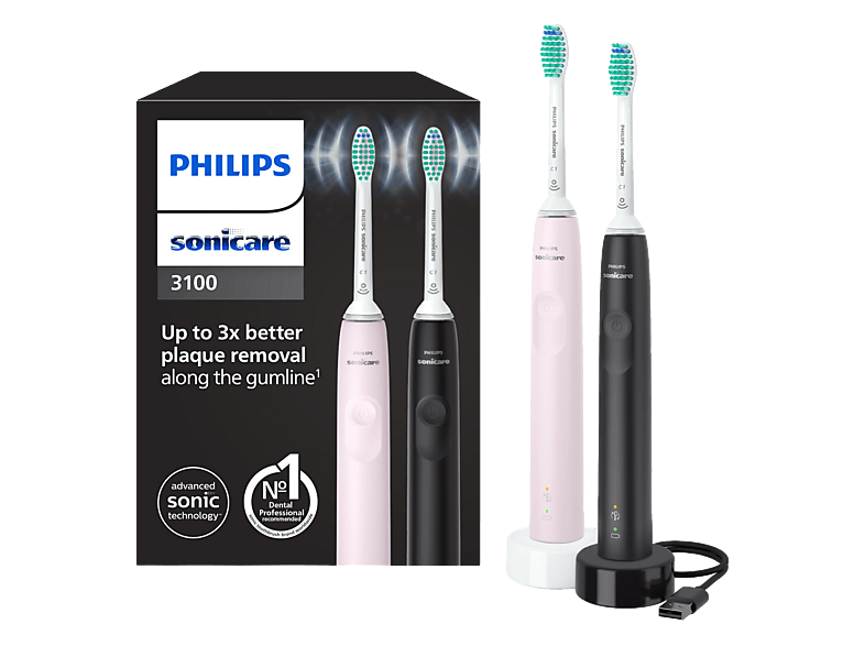 Cepillo eléctrico - Philips Sonicare 3100 HX3675/15, 2 unidades, Tecnología sónica, Sensor de presión, Temporizadores intuitivos, Negro y Rosa