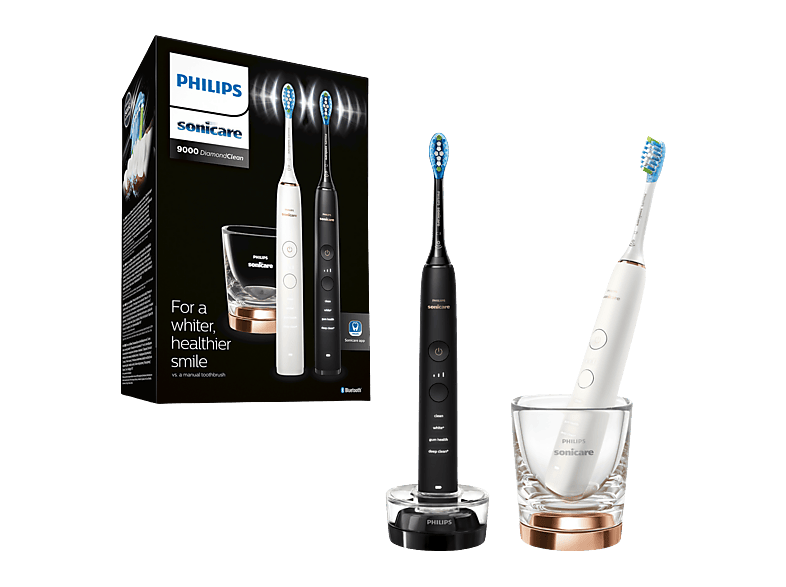 Philips – Pack 2 cepillos de dientes eléctricos Philips Sonicare DiamondClean 9000, tecnología sónica, sensor de presión, 4 modos, 2 intensidades, conectado.