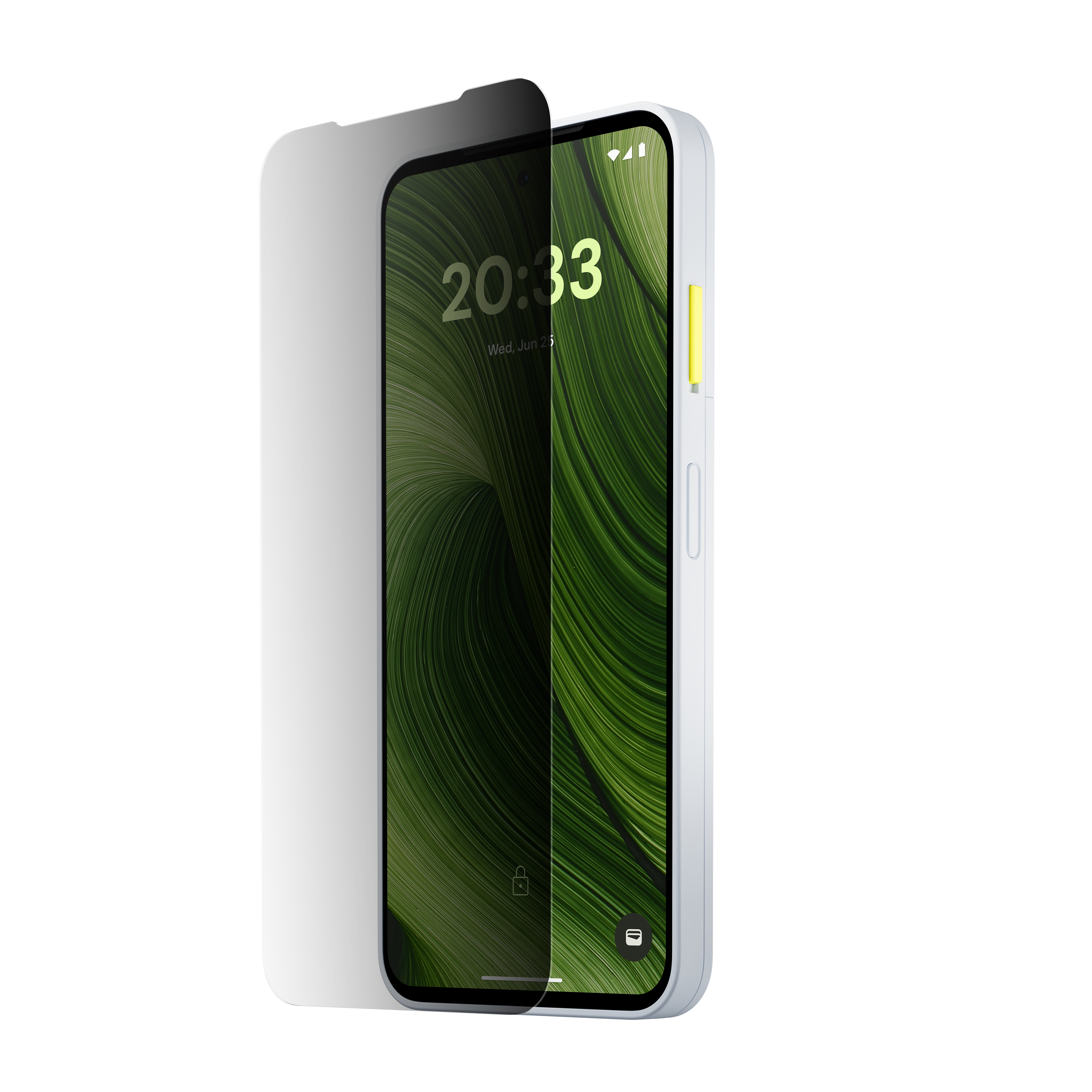 Telefon mit Displayschutz. Grünes Hintergrundbild, zeigt die Uhrzeit 20:33. Weißes Gehäuse mit gelber Taste.