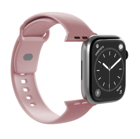 Eine Apple Watch mit rosa Armband. Das Zifferblatt ist schwarz mit weißen Zeigern und Text. Das Armband ist verbunden.