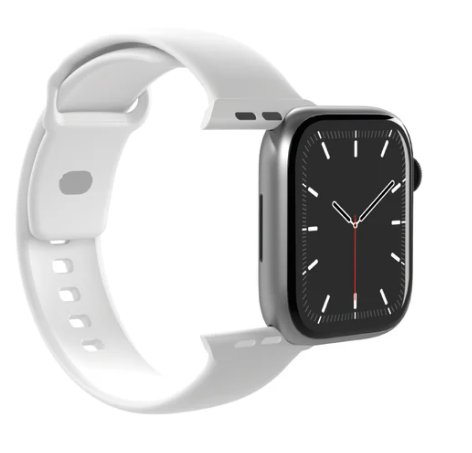 Eine silberne Smartwatch mit schwarzem Bildschirm und weißem Armband. Die Uhr zeigt 10:05 Uhr an. Das Armband ist mit der Uhr verbunden.