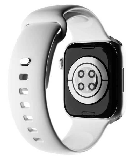 Eine weiße Smartwatch mit schwarzem Bildschirm wird gezeigt. Das Armband ist weiß, mit ein paar Löchern. Die Rückseite hat Sensoren.