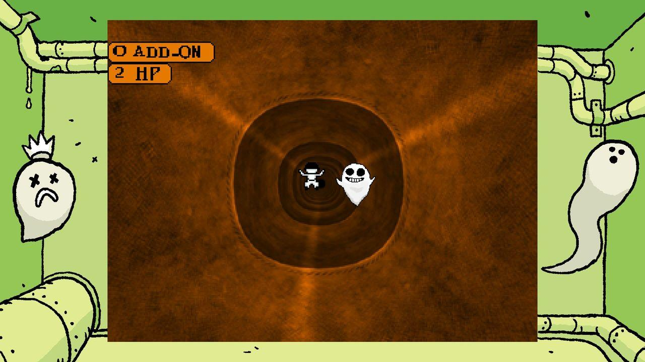Eine pixelige Spielszene. Ein Charakter und ein Geist befinden sich in einem Tunnel. Der Hintergrund ist braun. Es gibt Rohre und andere Objekte.