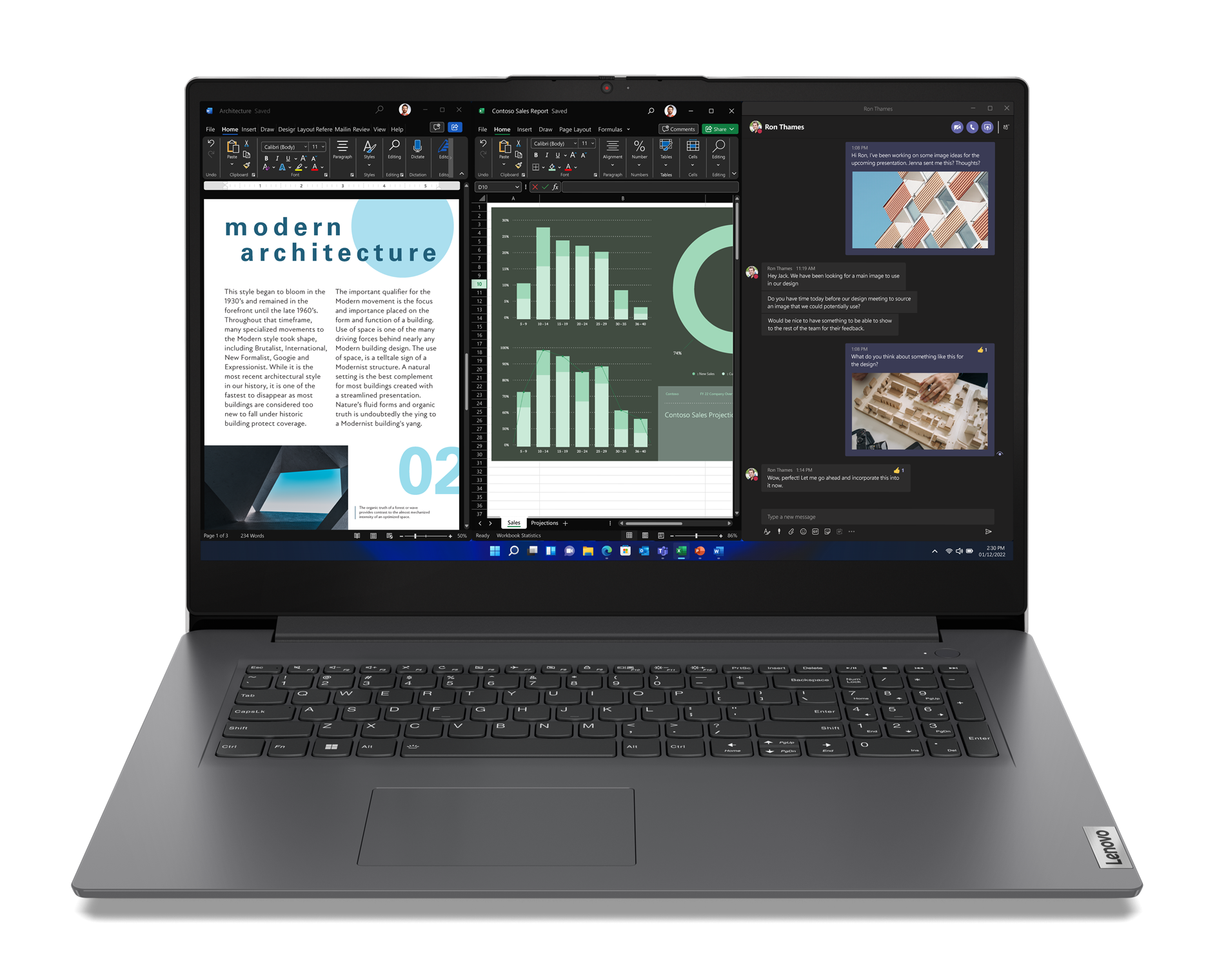 Laptop z dokumentem, oknem czatu i wykresem słupkowym. Klawiatura widoczna, logo Lenovo.