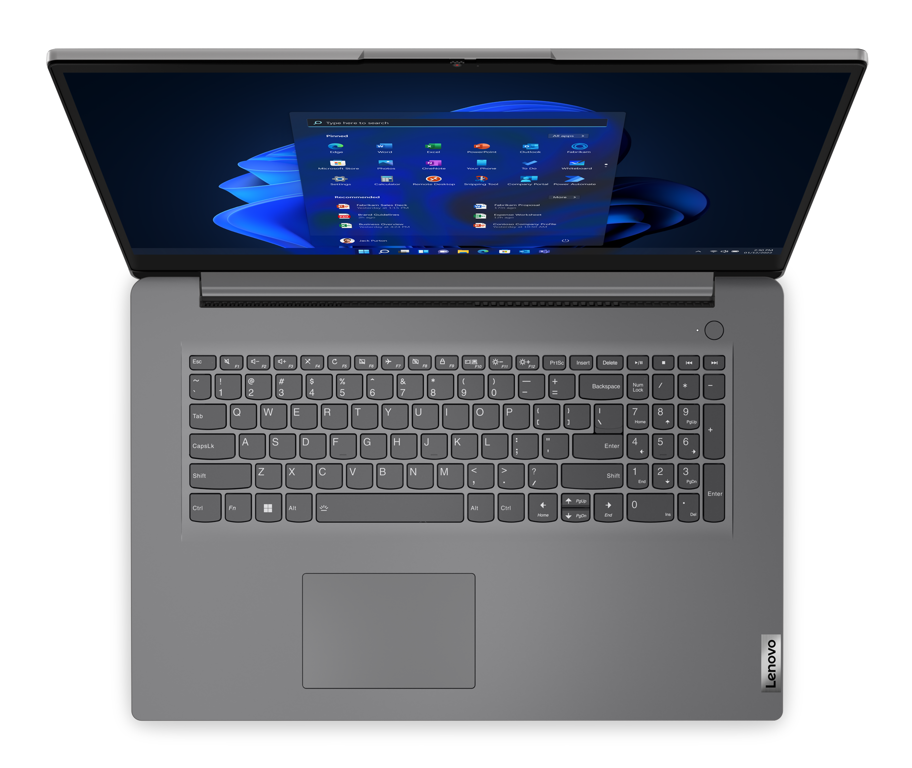 Otwarty laptop, z ekranem Windows. Klawiatura widoczna. Logo Lenovo w prawym dolnym rogu.