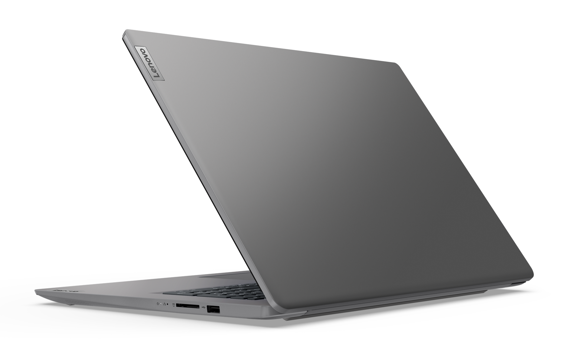 Szary laptop Lenovo jest otwarty, pokazując klawiaturę i ekran. Logo Lenovo jest widoczne na pokrywie. Czarne tło.