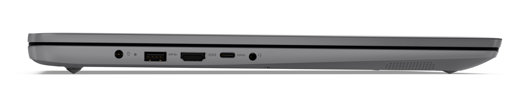 Widok z boku szarego laptopa z portami zasilania, USB, HDMI i audio. Czarne tło.