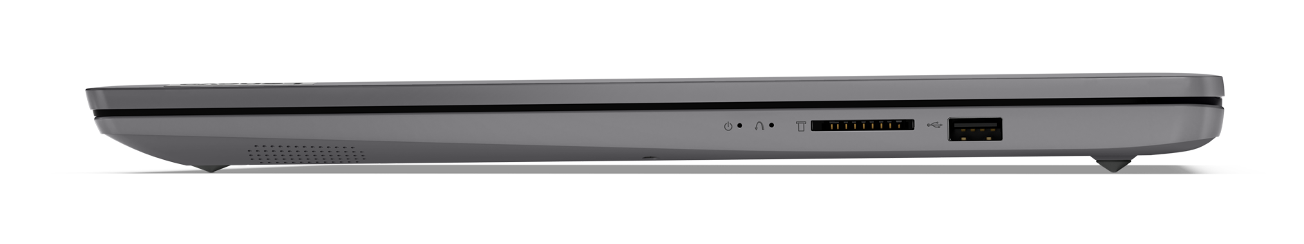 Widok z boku szarego urządzenia. Posiada porty, głośnik i przycisk zasilania. Urządzenie znajduje się na czarnym tle.