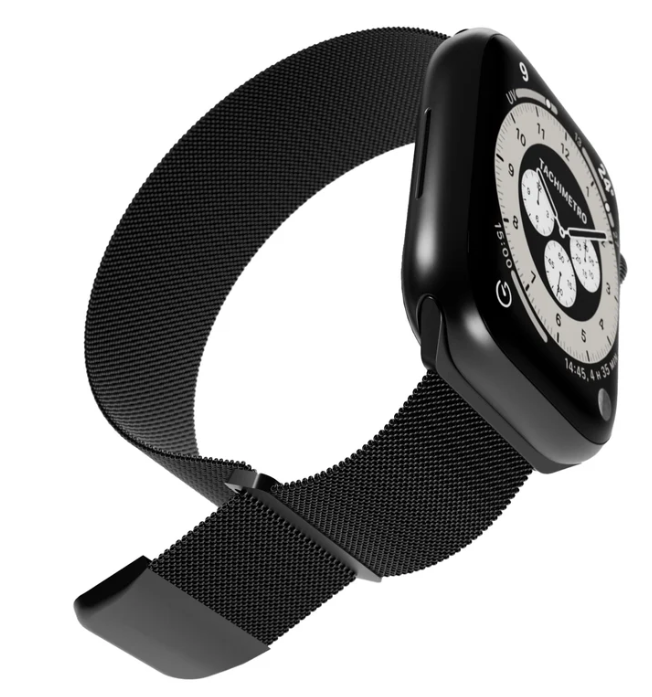 Eine schwarze Smartwatch mit einem schwarzen Mesh-Armband. Das Zifferblatt zeigt Zahlen und einen Tachymeter. Der Hintergrund ist weiß.