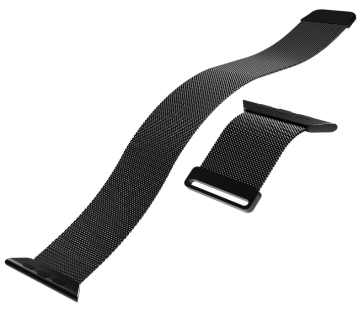 Zwei schwarze Uhrenarmbänder auf weißem Hintergrund. Eines ist lang und gebogen, das andere kürzer und abgetrennt.
