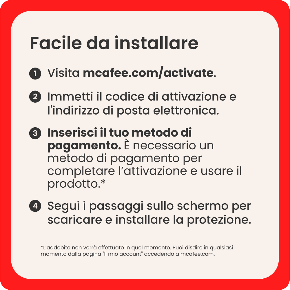 Instructions pour installer McAfee : visiter le site Web, saisir le code d'activation et l'e-mail, les informations de paiement et suivre les étapes à l'écran.