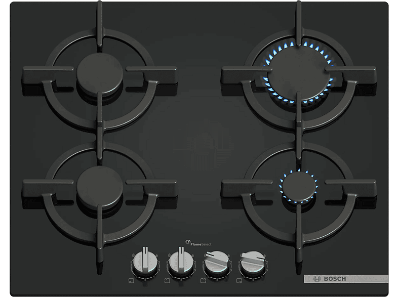Bosch PPP6A6I10, 4 zonas, 26 cm Zona grande, Gas natural, 59 cm, Negro
