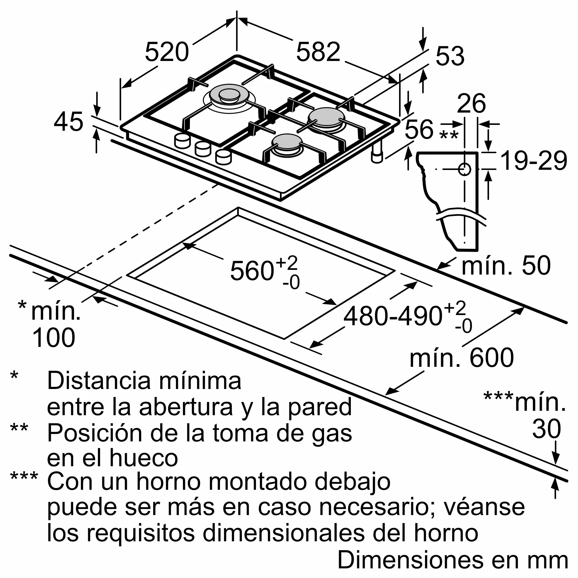 Diagrama de una encimera con dimensiones en milímetros. Incluye medidas de la encimera, recorte y distancias mínimas.