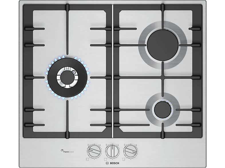 Bosch PCC6A5I90, 3 zonas, 28 cm Zona grande, Gas natural , 58.2 cm, Acero inoxidable
