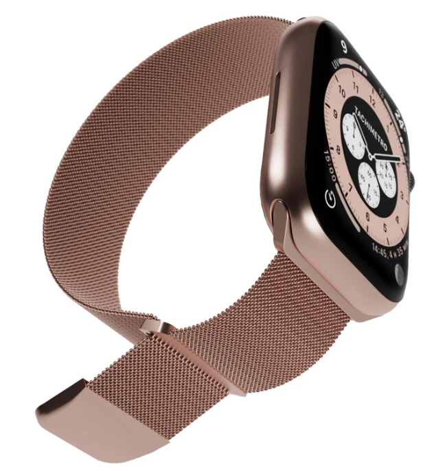 Roségoldene Apple Watch auf weißem Hintergrund. Die Uhr zeigt die Zeit an. Das Armband ist ein passendes roségoldenes Mesh.
