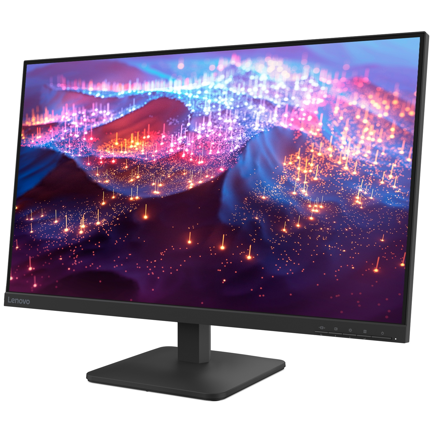 Un moniteur Lenovo affiche une image abstraite colorée. Le moniteur est noir avec une base carrée. Le fond est blanc.