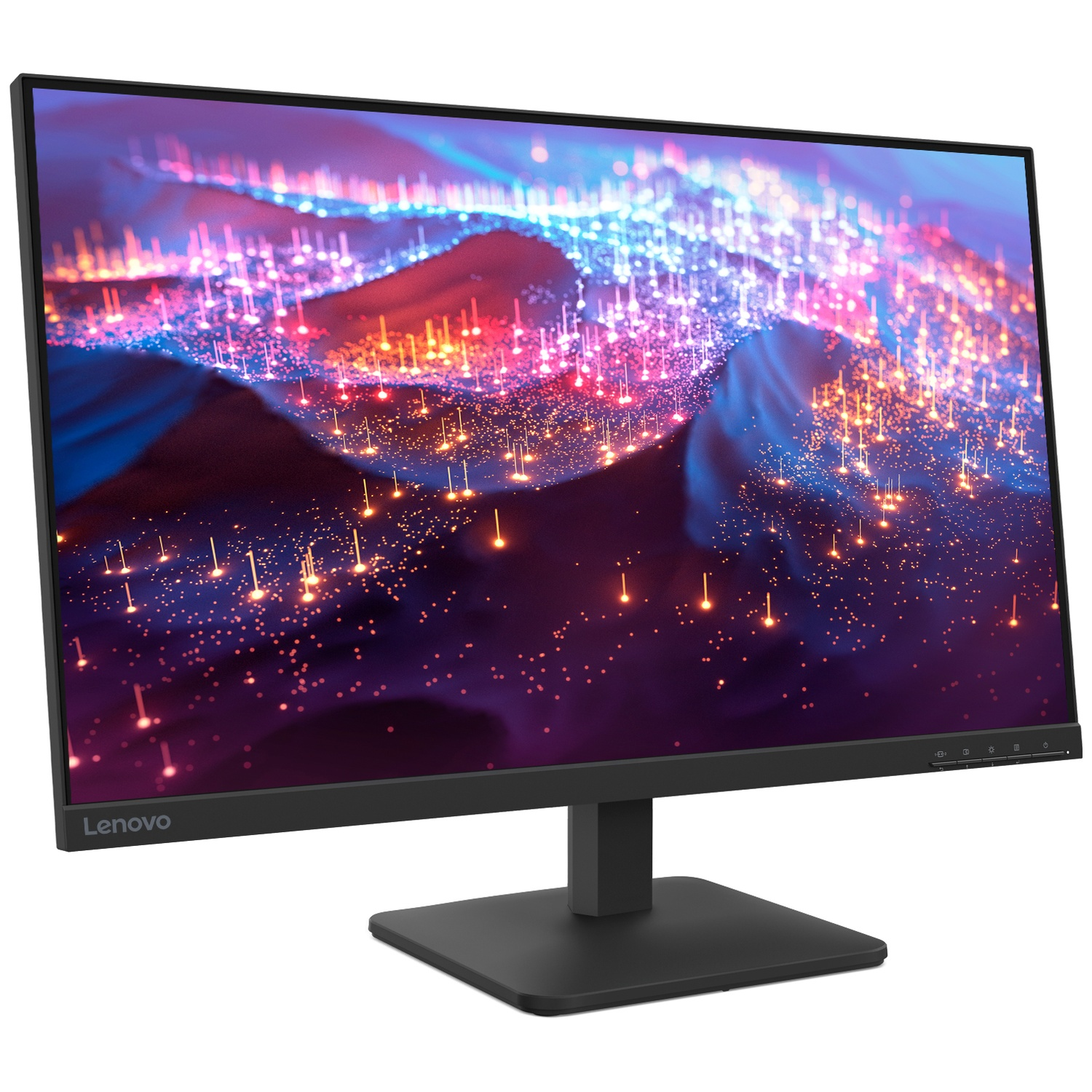 Un écran d'ordinateur Lenovo noir affichant une image abstraite colorée. Le moniteur est sur un support noir sur fond blanc.