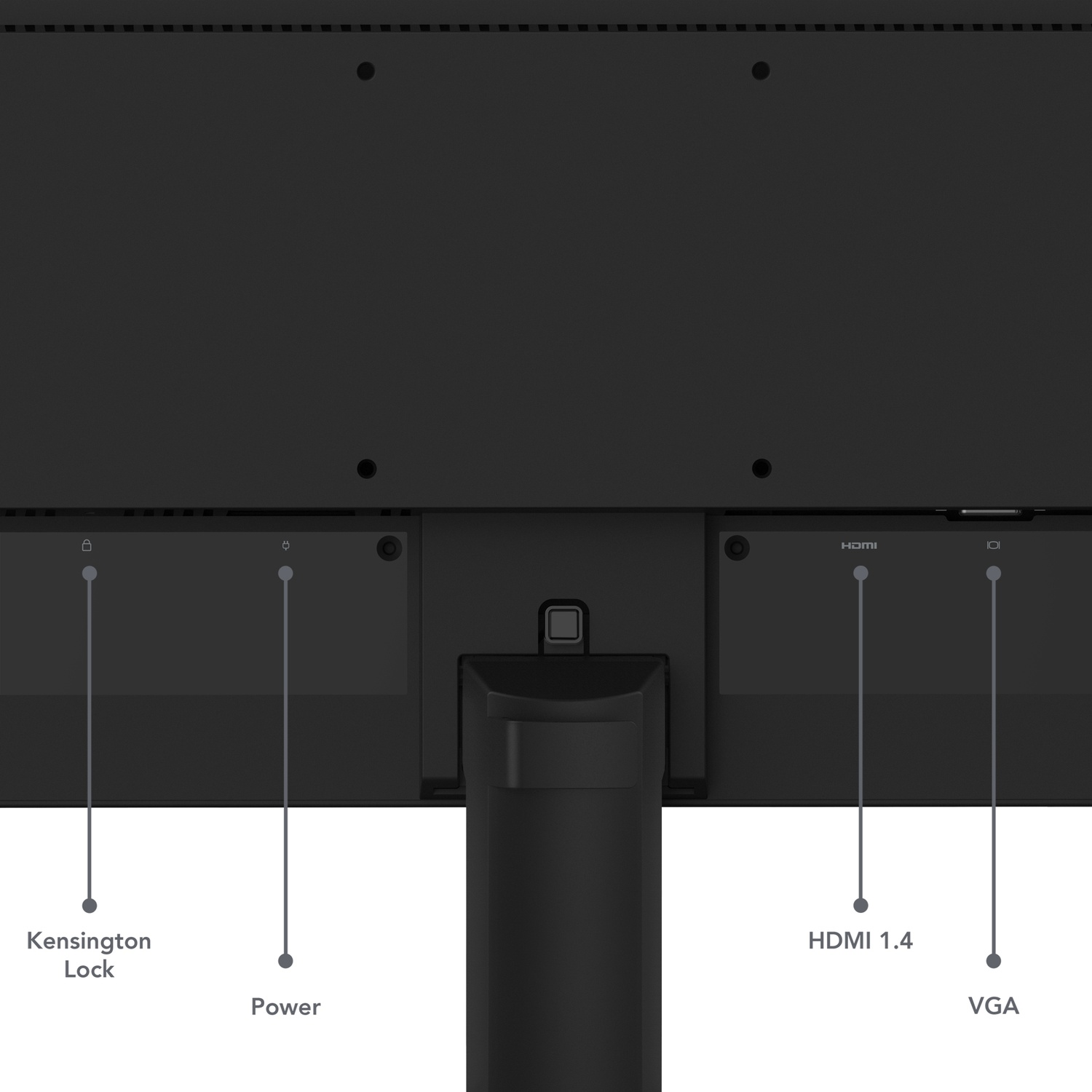 L'arrière d'un moniteur noir avec verrou Kensington, alimentation, ports HDMI 1.4 et VGA. Il y a aussi une connexion pour le pied.