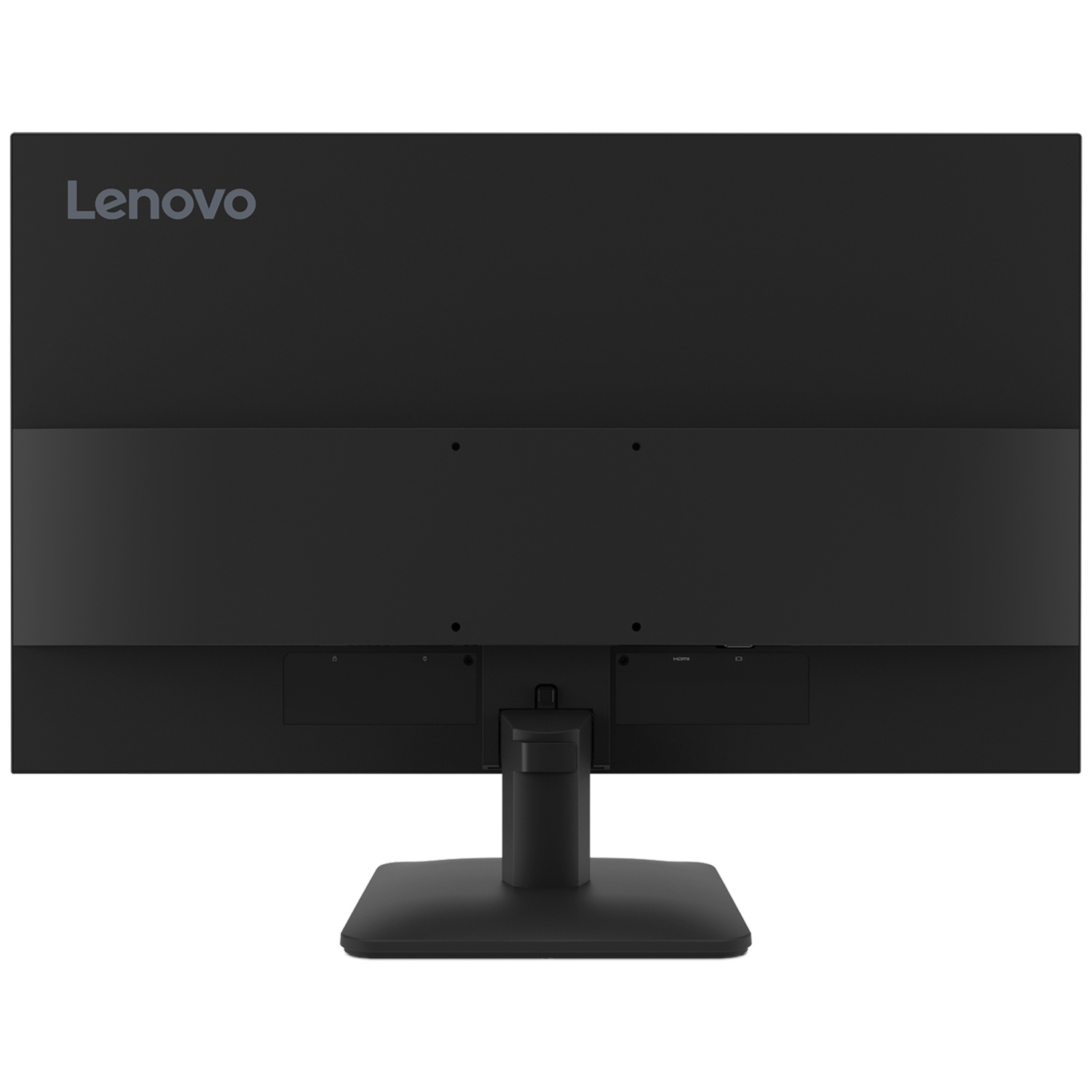 L'arrière d'un moniteur Lenovo noir. Comprend le logo Lenovo, un pied et des ports.