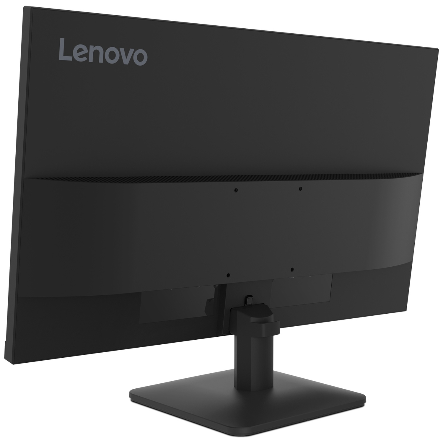L'arrière d'un moniteur Lenovo noir est visible. Il possède un pied, un bouton d'alimentation et le logo Lenovo en haut.