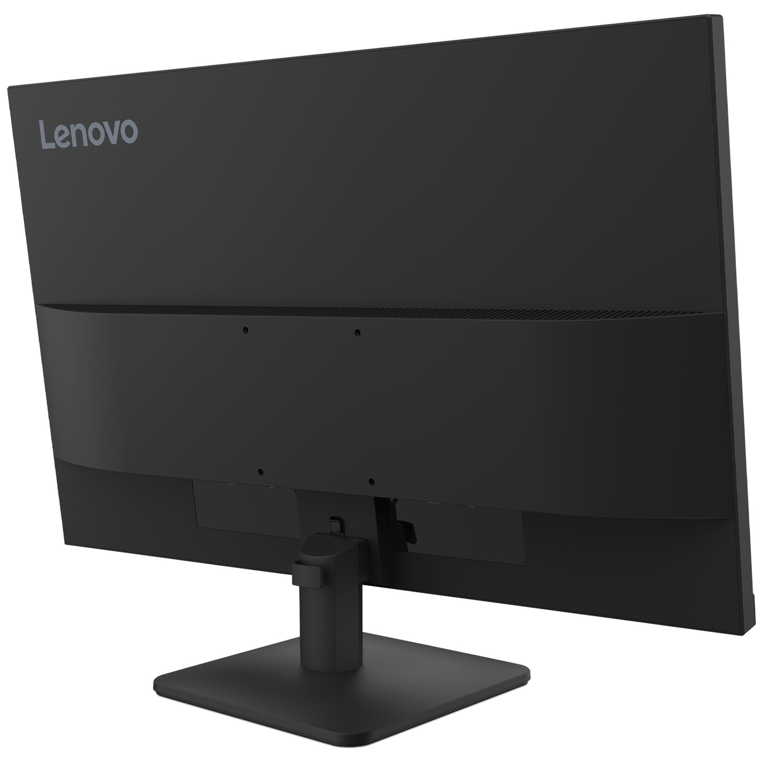 L'arrière d'un moniteur Lenovo noir est montré. Il possède un pied et le logo Lenovo est visible.