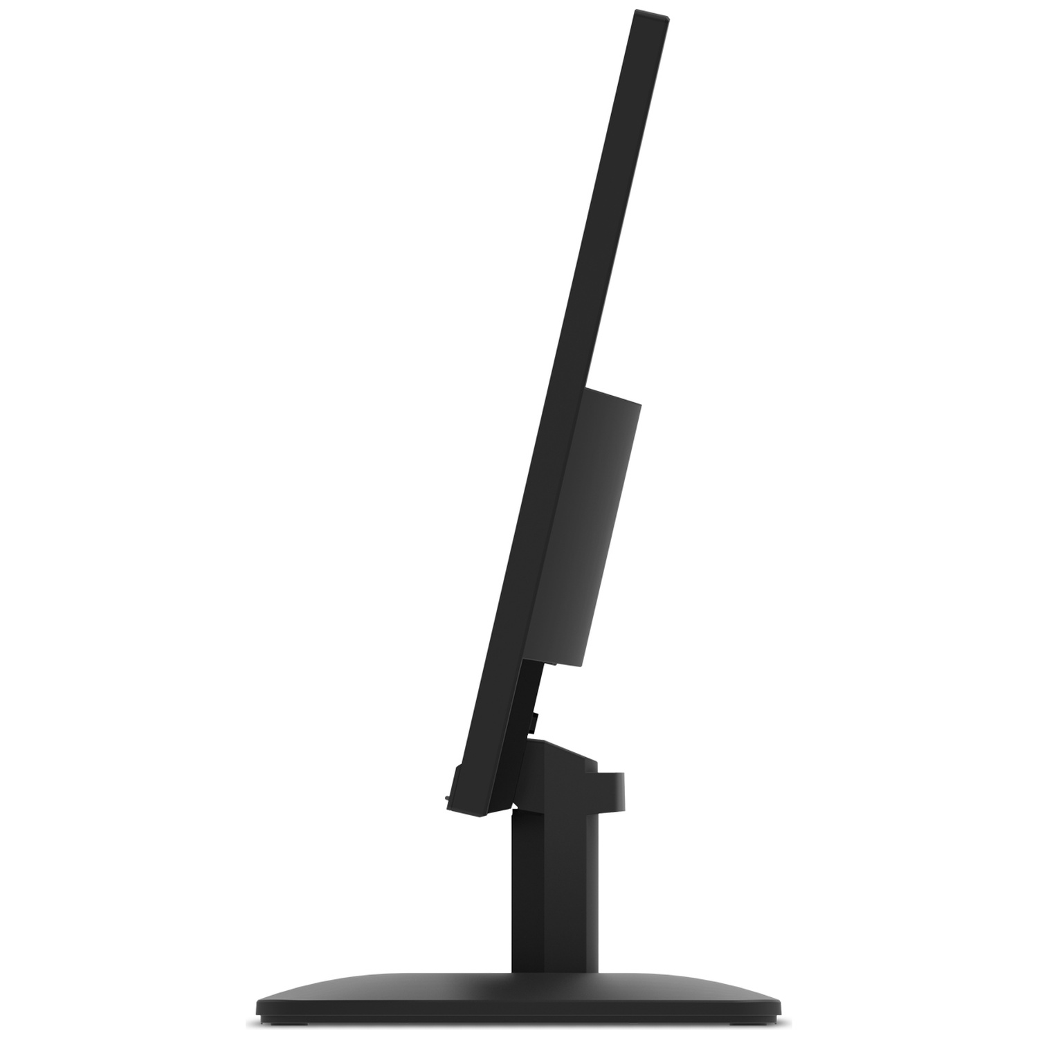 Vue latérale d'un écran d'ordinateur noir. Il est posé sur un support noir. L'écran est légèrement incliné vers l'arrière.