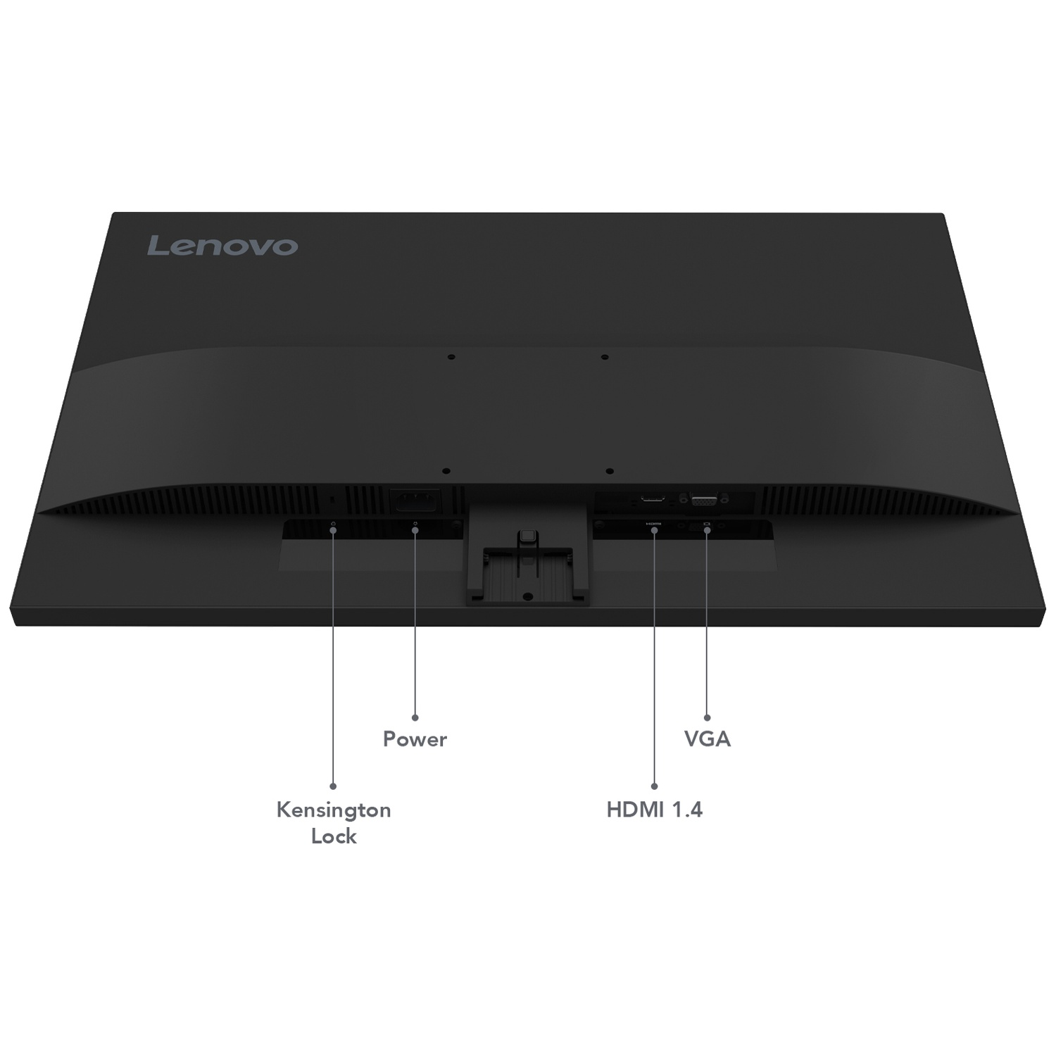 L'arrière d'un moniteur Lenovo noir avec des ports étiquetés : alimentation, HDMI 1.4, VGA et Kensington Lock. Le logo Lenovo est visible.