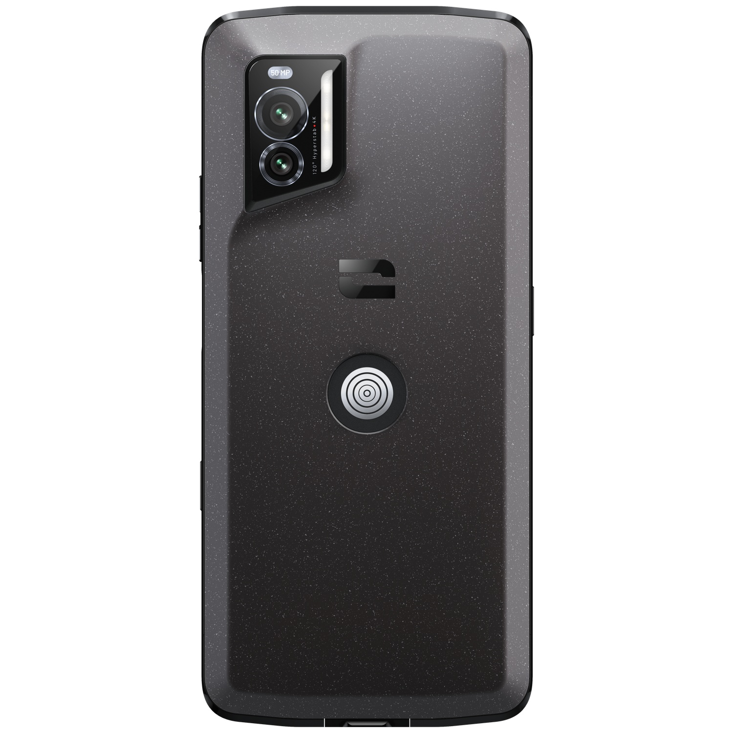 De achterkant van een zwarte smartphone met een gespikkelde textuur. Het heeft een cameramodule, een logo en een cirkelvormig element.