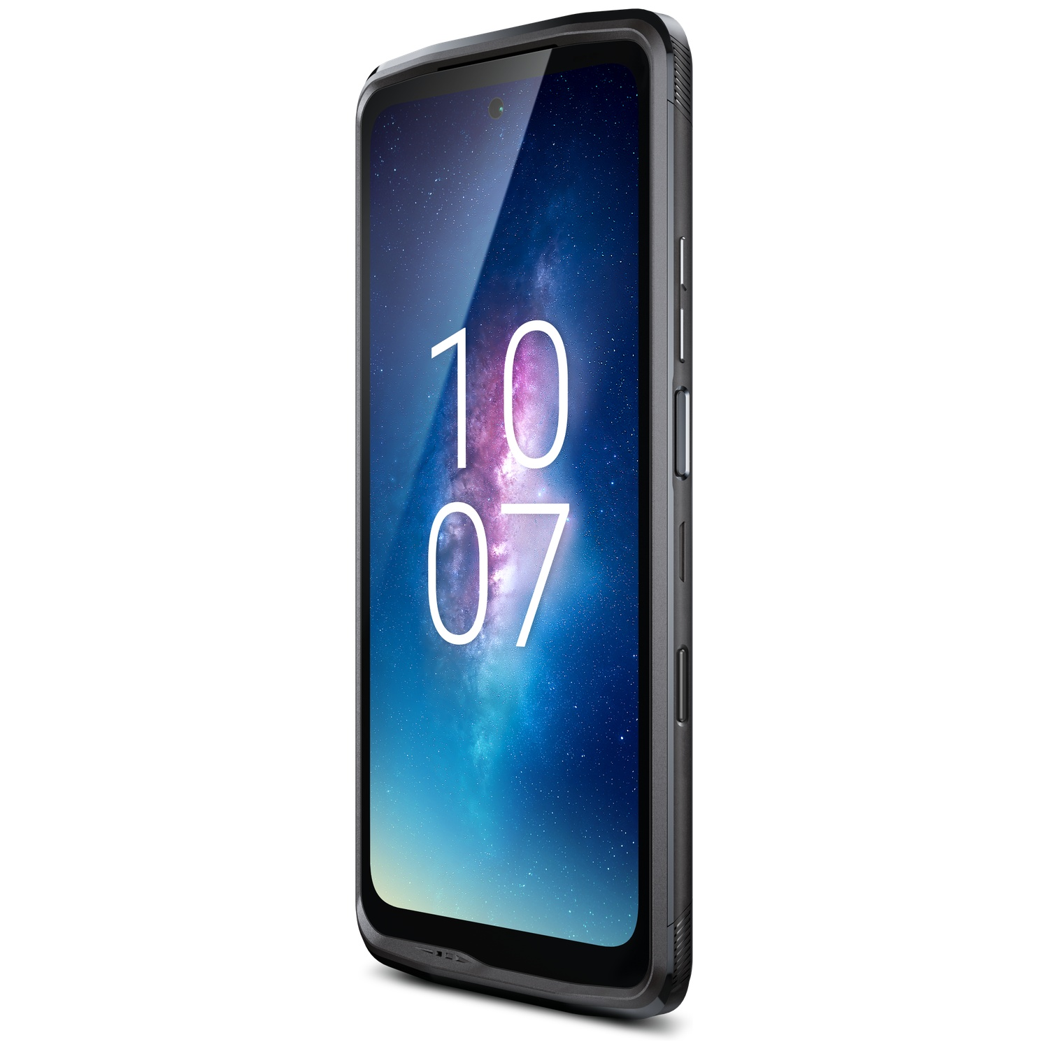 Een smartphone met een zwarte behuizing toont een achtergrond van een sterrenhemel met de nummers 10 en 07 in wit.