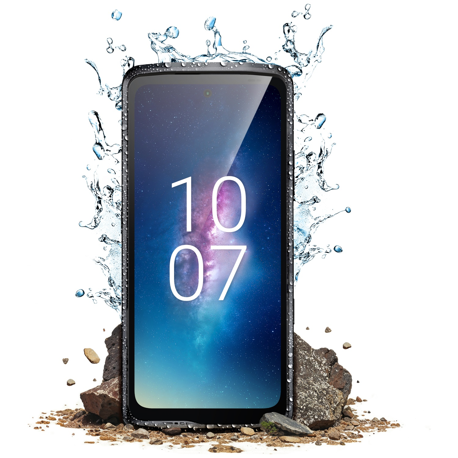 Een smartphone met een display van een sterrenhemel, met 10:07, is omringd door waterspatten en rust op rotsen en zand.