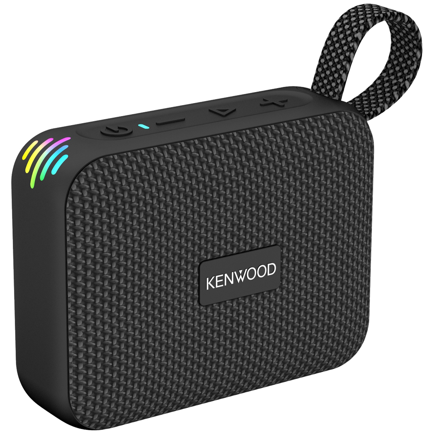 Zwarte Kenwood-luidspreker met een textuur, handvat en kleurrijke LED-verlichting. Inclusief volumeknoppen en de merknaam.