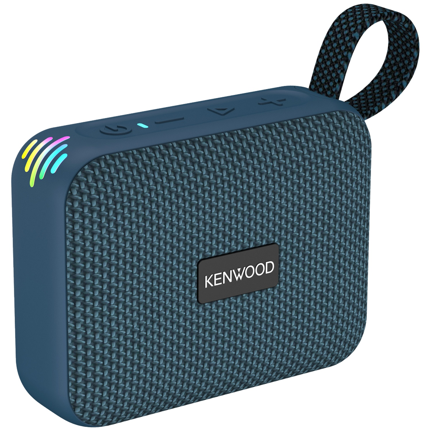 Een blauwe draagbare Kenwood-luidspreker met een geweven voorkant. Hij heeft een handvat en lichtindicatoren.