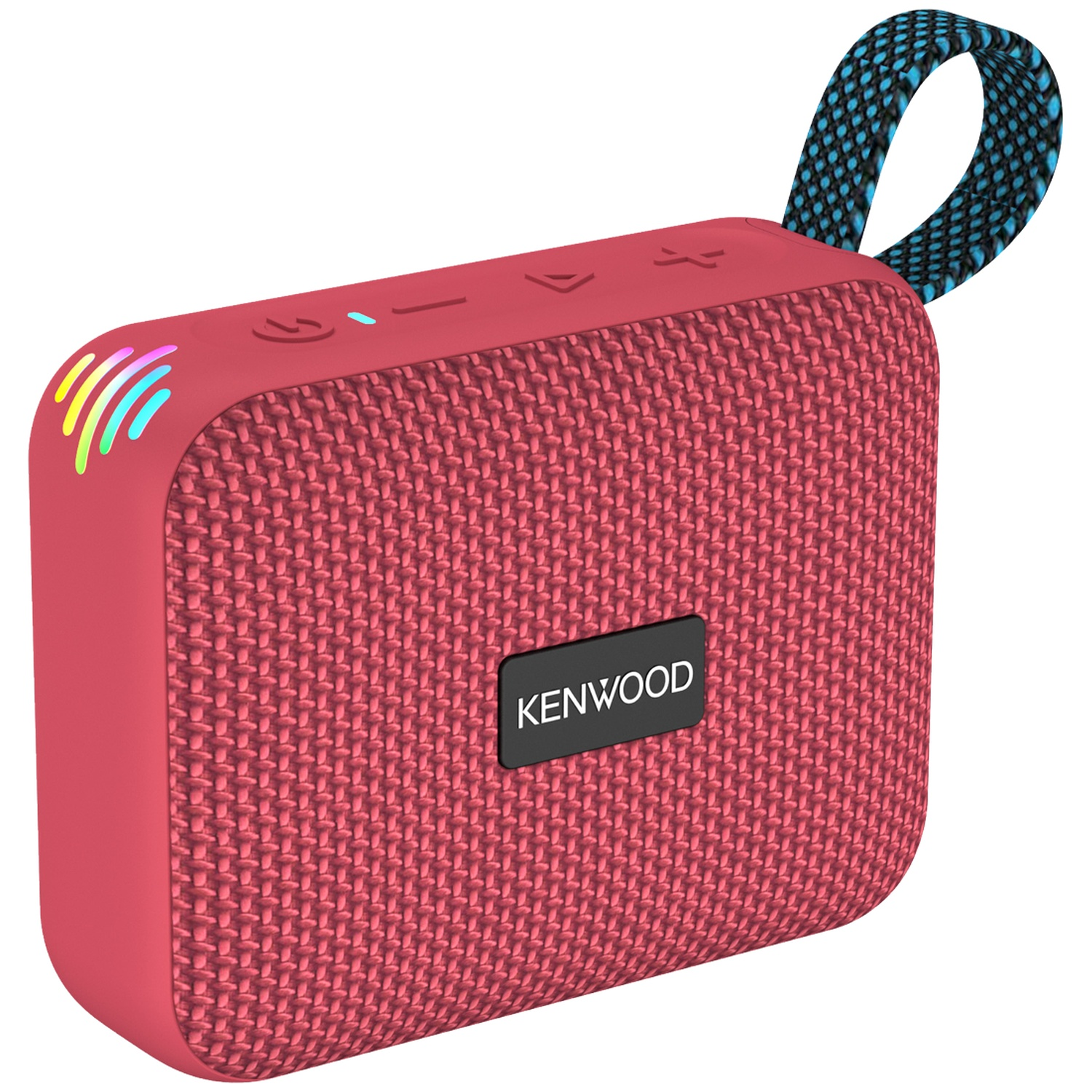 Rode Kenwood-luidspreker met een blauw-zwarte band. Het heeft bedieningsknoppen en een lichtindicator. Het oppervlak is getextureerd.
