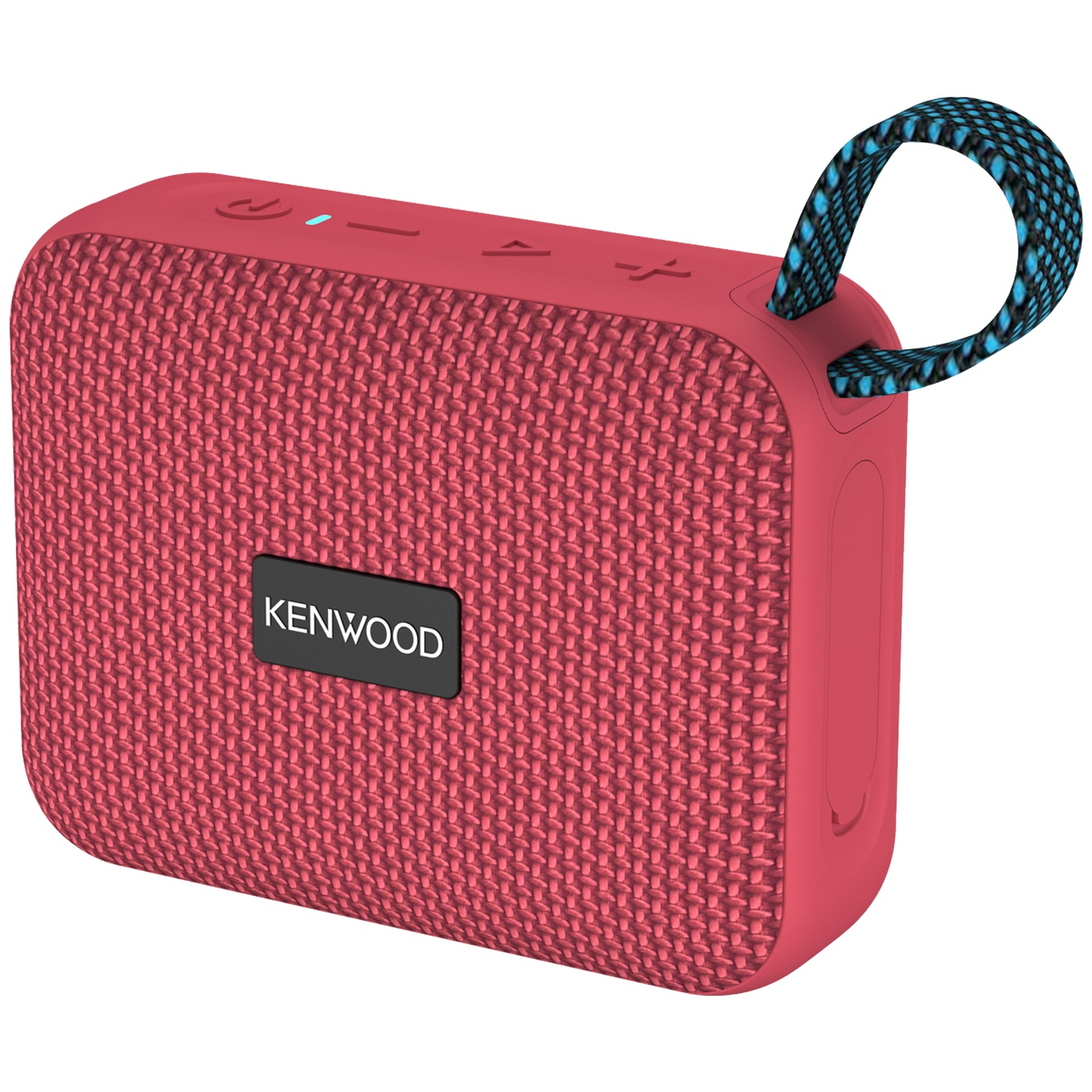 Rode Kenwood-luidspreker met een blauw-zwarte band. Het heeft bedieningsknoppen. De luidspreker staat op een witte achtergrond.