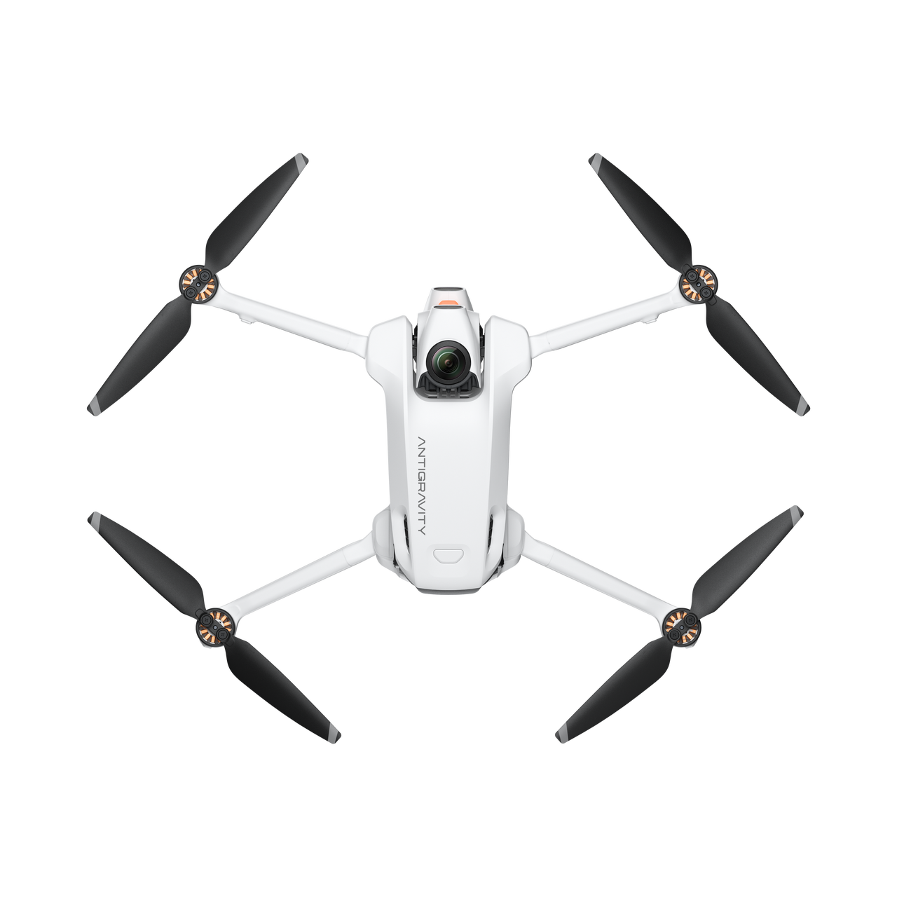 Siyah zemin üzerinde, dört siyah pervaneli beyaz bir drone. Drone'da kamera var ve ANTIGRAVITY yazısı görünür.
