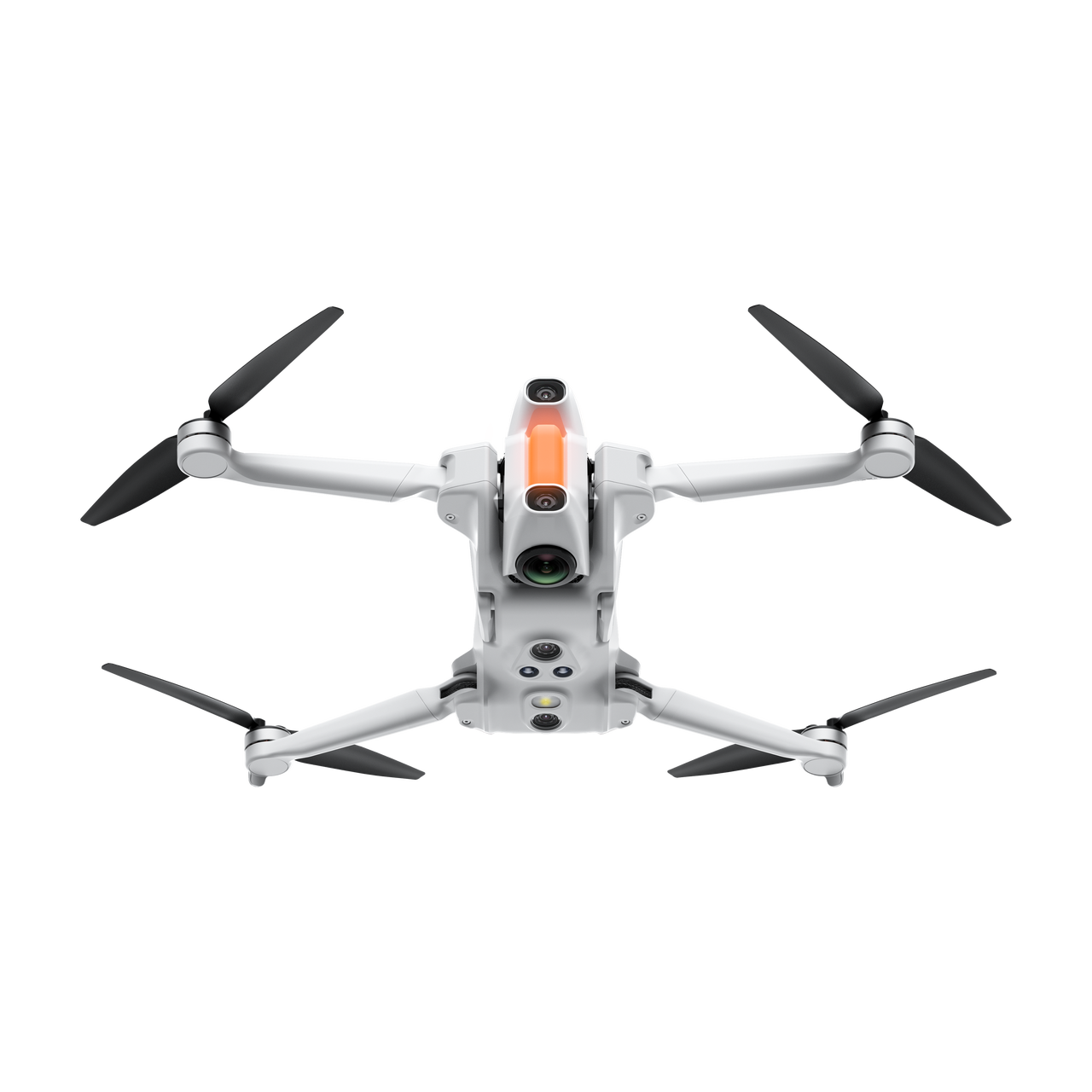 Siyah arka plan üzerinde, siyah pervaneli beyaz bir drone. Kamerası ve turuncu detayları var.