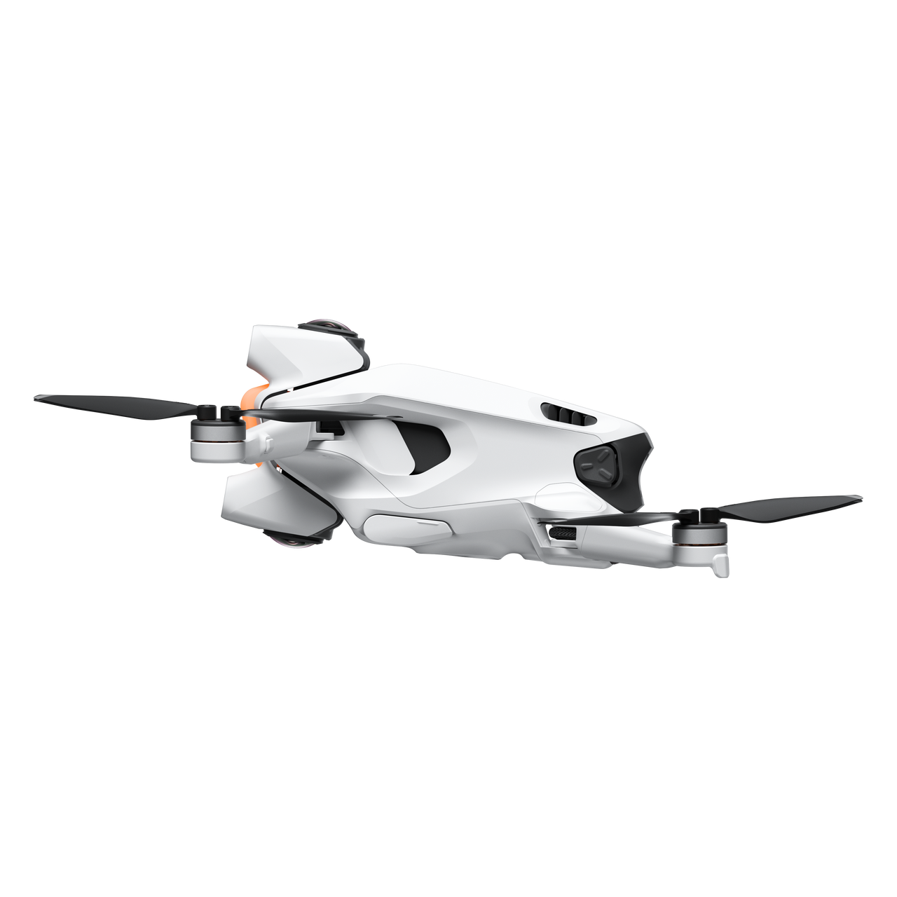 Siyah bir arka plan üzerinde siyah pervanelere sahip beyaz bir drone gösteriliyor. Drone, yuvarlak kenarlara sahip şık bir tasarıma sahip.