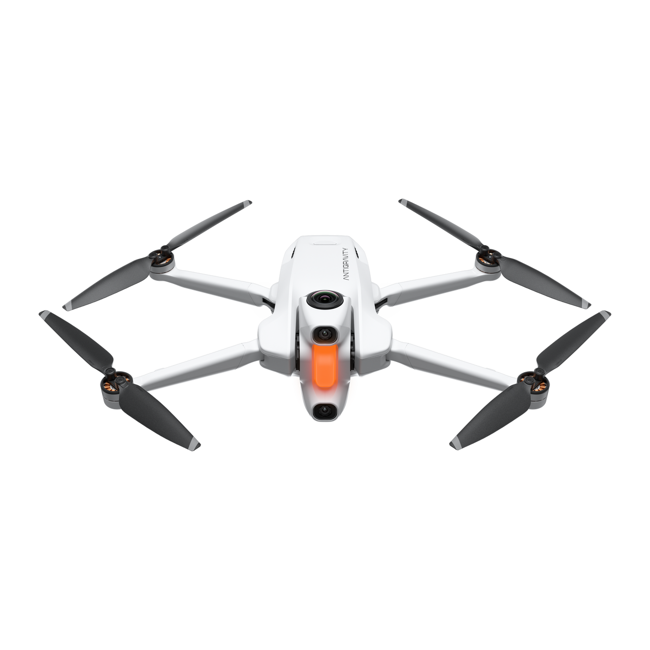 Dört siyah pervanesi, turuncu önü ve siyah arka planı olan beyaz bir drone. Marka adı Antigravity.