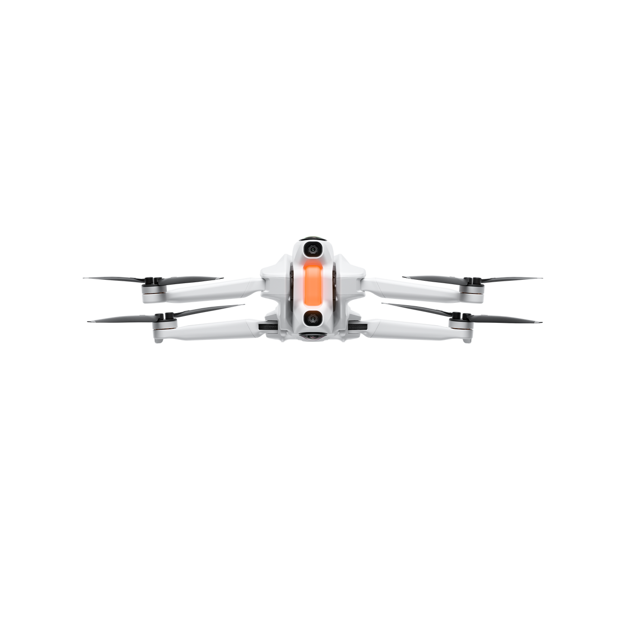Siyah bir arka plan üzerinde ortalanmış, siyah pervaneleri ve turuncu ön kısmı olan beyaz bir drone.