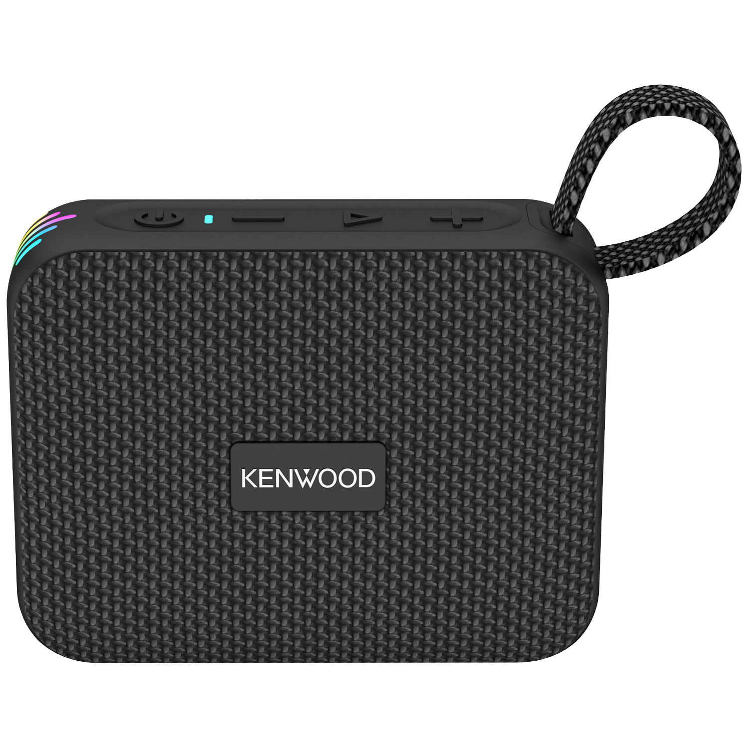 Een zwarte draagbare Kenwood-luidspreker met een zwarte handgreep. Het heeft knoppen aan de bovenkant en een kleurrijk licht aan de zijkant.