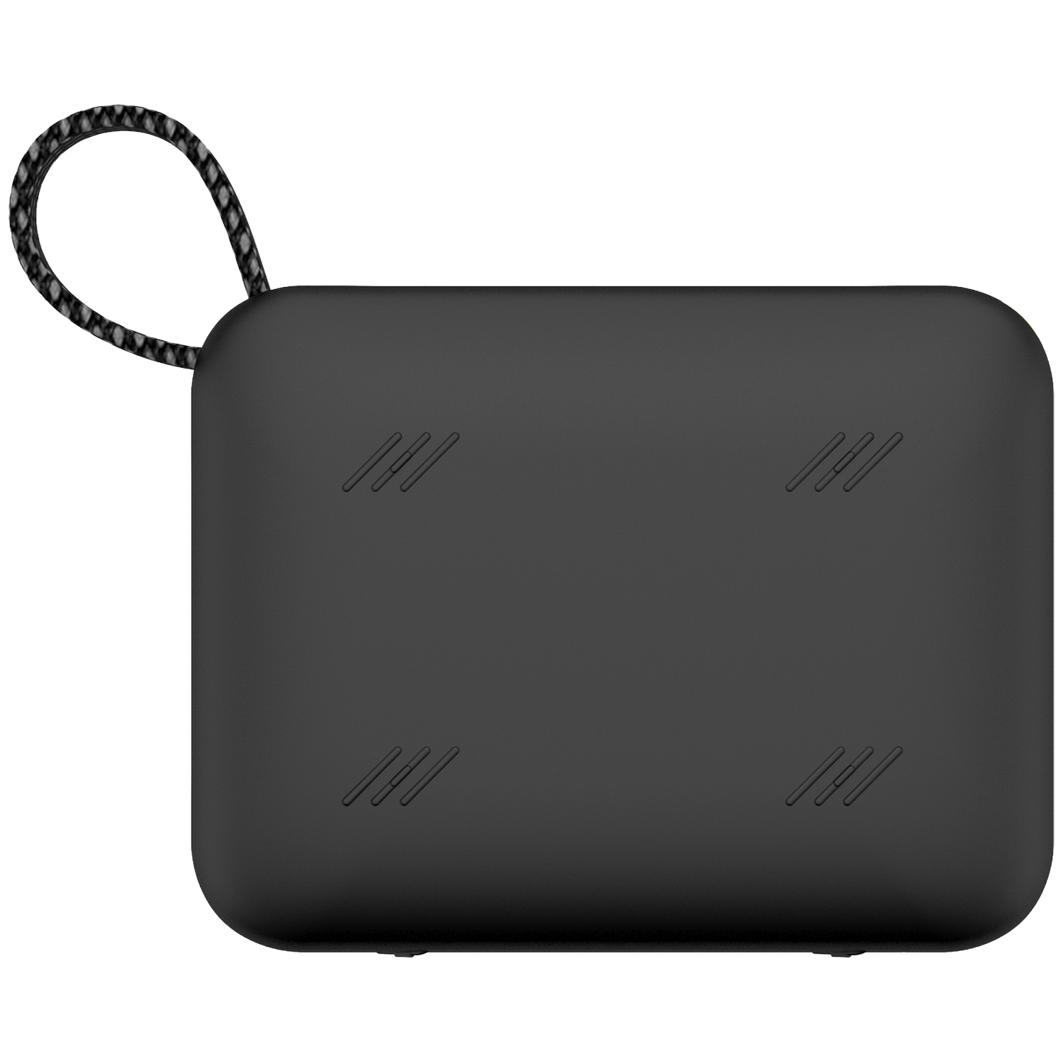 Een zwart rechthoekig apparaat met een lus aan de bovenkant. Het heeft vier sets van drie schuine lijnen aan de voorkant.
