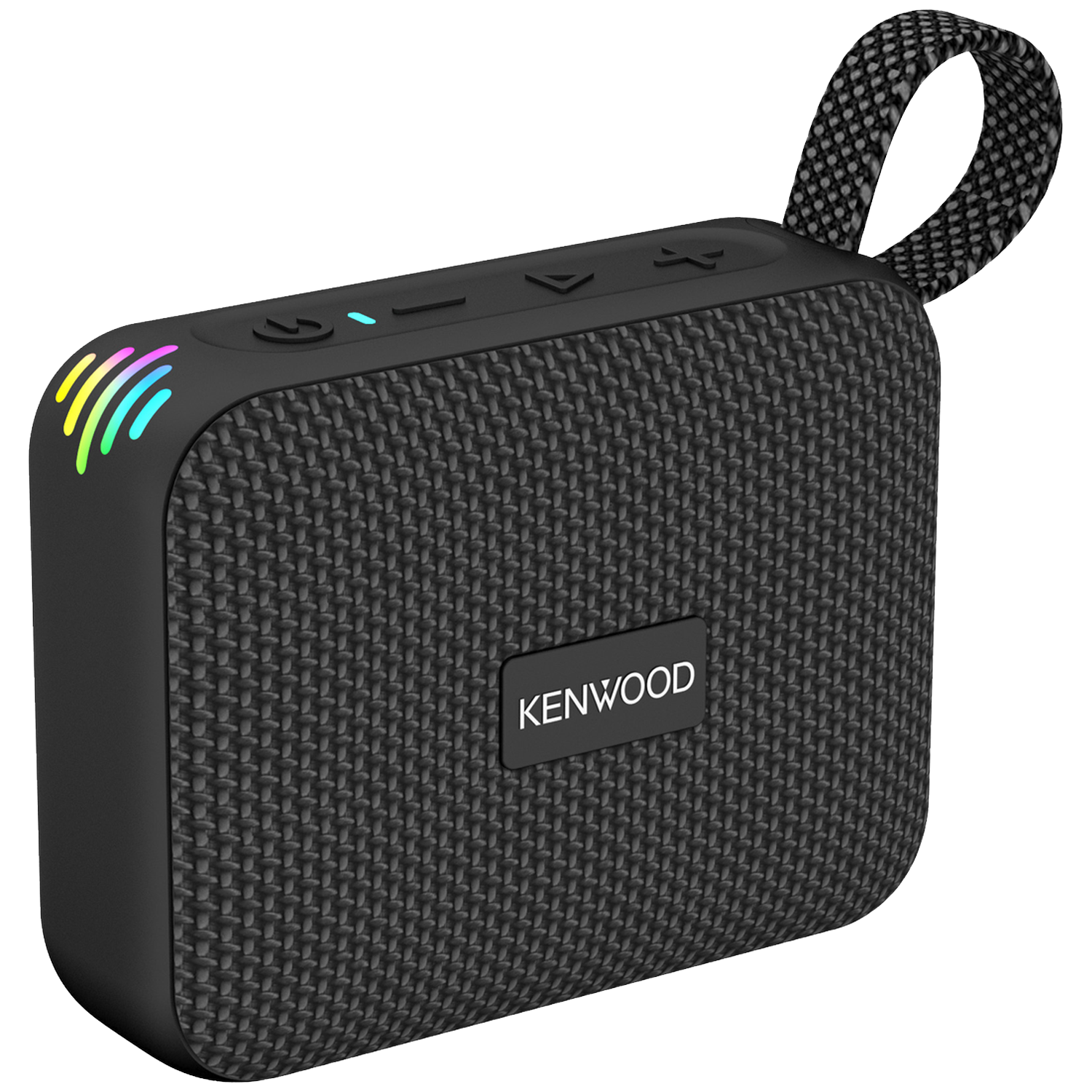 Zwarte Kenwood-luidspreker met een gestructureerd oppervlak, een handvat en kleurrijke lampjes op de hoek. De merknaam is zichtbaar.
