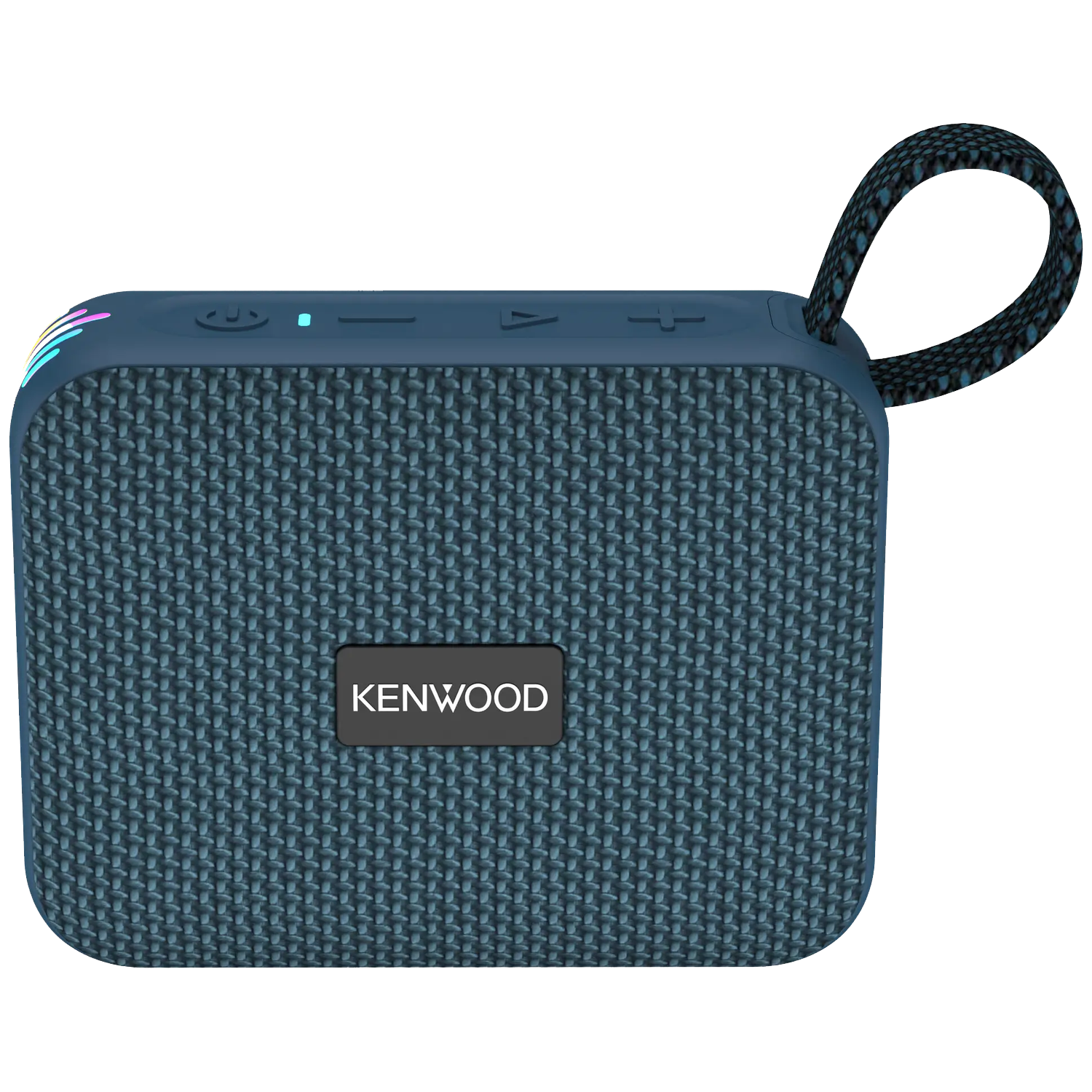 Een blauwe Kenwood draagbare luidspreker met een zwarte handgreep. Hij heeft bedieningsknoppen aan de bovenkant en het Kenwood-logo op de voorkant.