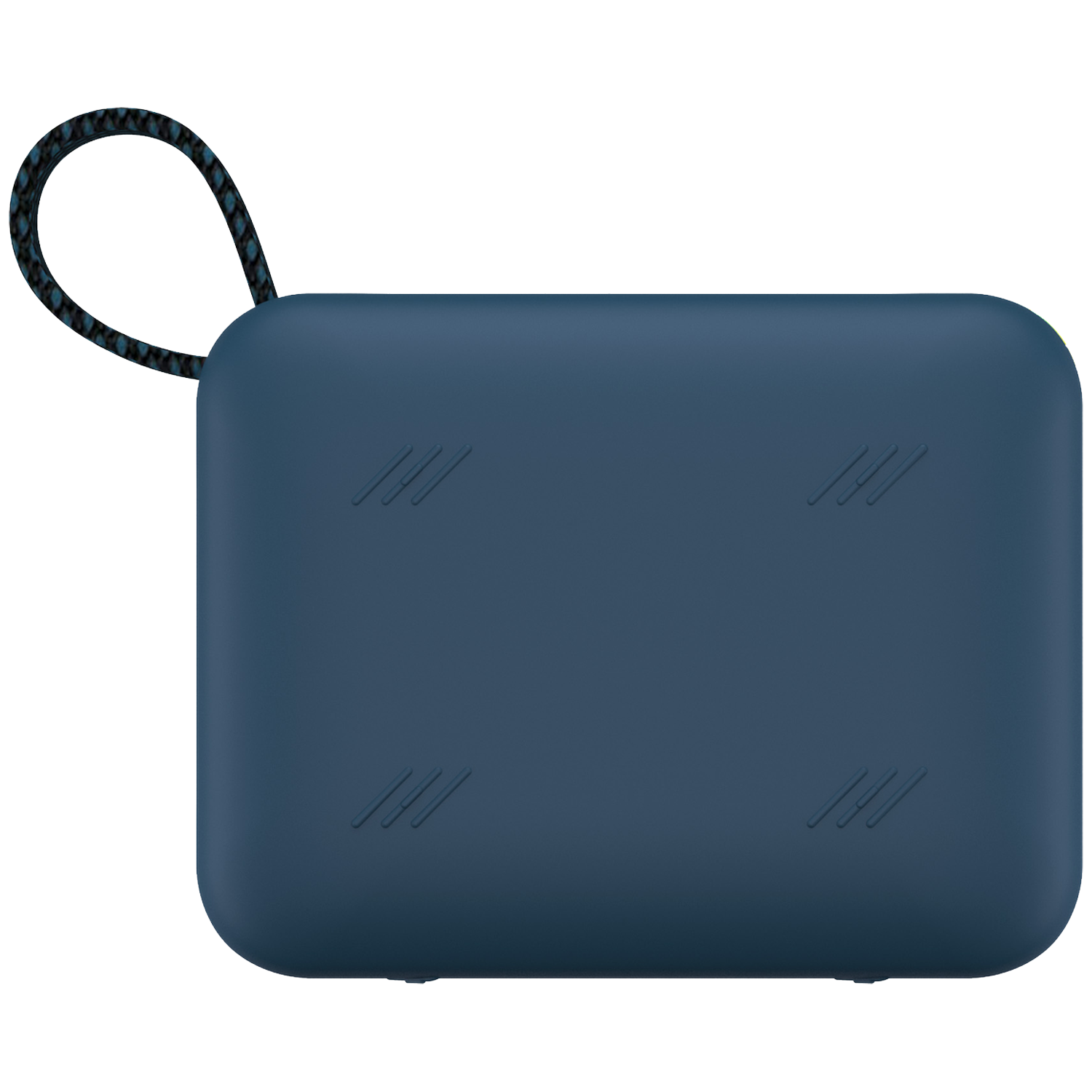Een marineblauw, rechthoekig object met een zwart-blauwe touwlus. Het heeft vier sets van drie diagonale lijnen.