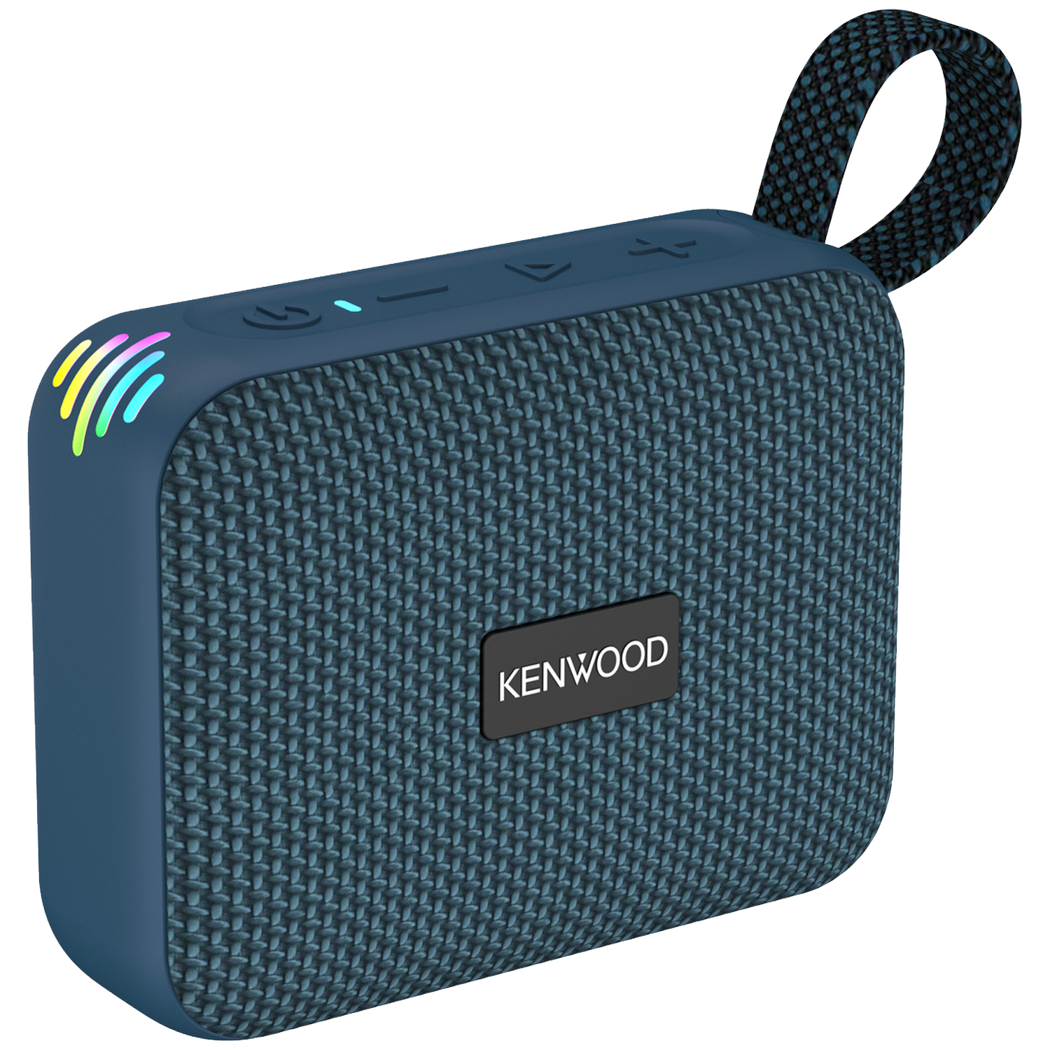 Een blauwe Kenwood draagbare luidspreker met een geweven voorkant. Het heeft een handvat. De bovenkant heeft bedieningsknoppen. De zijkant heeft kleurrijke lichten.