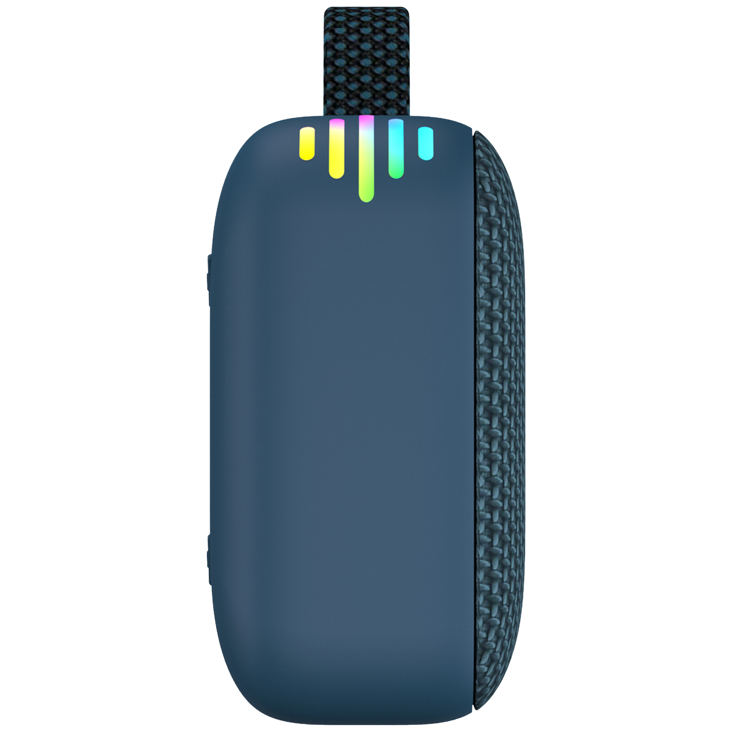 Een blauwe luidspreker met een stoffen zijkant en een draagriem. Hij heeft een meerkleurige lichtbalk aan de bovenkant.