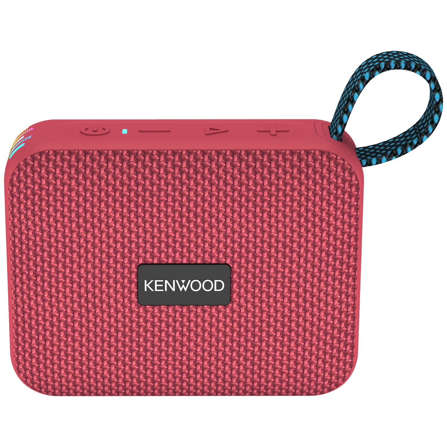 Een rode Kenwood-luidspreker met een zwarte handgreep, knoppen aan de bovenkant en de merknaam.